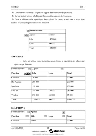 ISET BEJA C2I-1
A.U 2008/2009 41 Fatma Laribi
3) Dans le menu « donnée » cliquez sur rapport de tableau croisé dynamique.
4) Suivez les instructions affichées par l’assistant tableau croisé dynamique.
5) Dans le tableau croisé dynamique, faites glisser le champ actuel vers la zone ligne
(cellule en jaune) et agence en dessous de actuel.
Somme actuelle
Agence Somme
Lille 1 150 000
Lyon 500 000
Total 1 650 000
EXERCICE 1 :
Créez un tableau croisé dynamique pour obtenir la répartition des salaires par
agence et par fonction.
Somme actuelle Agence
Fonction Lille Lyon Total
Chauffeur 70 000 70 000
Dir. Agence 200 000 200 000
Secrétaire 150 000 150 000
Sous-dir. 140 000 140 000 280 000
Vendeur 590 000 360 000 95 000
Total 1 150 000 500 000 1 650 000
SOLUTION :
Somme actuelle Agence
Fonction Lille Lyon Total
Chauffeur 70 000 70 000
Downloaded by Neji Kouka (nejikouka59@gmail.com)
lOMoARcPSD|59215321
 