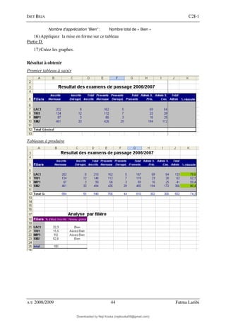 ISET BEJA C2I-1
A.U 2008/2009 44 Fatma Laribi
Nombre d'appréciation "Bien" : Nombre total de « Bien »
16) Appliquez la mise en forme sur ce tableau
Partie D
17) Créez les graphes.
Résultat à obtenir
Premier tableau à saisir
Tableaux à produire
Downloaded by Neji Kouka (nejikouka59@gmail.com)
lOMoARcPSD|59215321
 