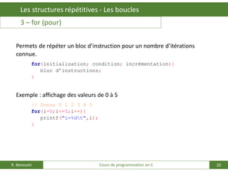 20
Les structures répétitives - Les boucles
R. Benouini Cours de programmation en C
3 – for (pour)
Permets de répéter un bloc d’instruction pour un nombre d’itérations
connue.
for(initialisation; condition; incrémentation){
bloc d’instructions;
}
Exemple : affichage des valeurs de 0 à 5
// Donne 0 1 2 3 4 5
for(i=0;i<=5;i++){
printf("i=%dt",i);
}
 