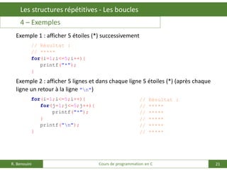 21
Les structures répétitives - Les boucles
R. Benouini Cours de programmation en C
4 – Exemples
Exemple 1 : afficher 5 étoiles (*) successivement
// Résultat :
// *****
for(i=1;i<=5;i++){
printf("*");
}
Exemple 2 : afficher 5 lignes et dans chaque ligne 5 étoiles (*) (après chaque
ligne un retour à la ligne "n")
for(i=1;i<=5;i++){
for(j=1;j<=5;j++){
printf("*");
}
printf("n");
}
// Résultat :
// *****
// *****
// *****
// *****
// *****
 