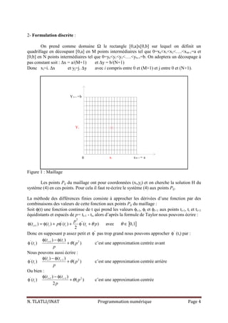 N. TLATLI/INAT Programmation numérique Page 4
2- Formulation discrète :
On prend comme domaine Ω le rectangle [0,a]x[0,b] sur lequel on définit un
quadrillage en découpant [0,a] en M points intermédiaires tel que 0=x0<x1<x2<….<xM+1=a et
[0,b] en N points intermédiaires tel que 0=y0<y1<y2<….<yN+1=b. On adoptera un découpage à
pas constant soit : ∆x = a/(M+1) et ∆y = b/(N+1)
Donc xi=i. ∆x et yj=j. ∆y avec i compris entre 0 et (M+1) et j entre 0 et (N+1).
xi0
Yj
xM+1 = a
YN+1 =b
Figure 1 : Maillage
Les points Pij du maillage ont pour coordonnées (xi,yj) et on cherche la solution H du
système (4) en ces points. Pour cela il faut re-écrire le système (4) aux points Pij.
La méthode des différences finies consiste à approcher les dérivées d’une fonction par des
combinaisons des valeurs de cette fonction aux points Pij du maillage :
Soit φ(t) une fonction continue de t qui prend les valeurs φi-1, φi et φi+1 aux points ti-1, ti et ti+1
équidistants et espacés de p= ti-1 - ti, alors d’après la formule de Taylor nous pouvons écrire :
] ]
2
' ''
1( ) ( ) ( ) ( ) avec 0,1
2
i i i i
p
t t p t t pθ θ+φ = φ + φ + φ + ∈
Donc en supposant p assez petit et ''
φ pas trop grand nous pouvons approcher '
φ (ti) par :
' 21( ) ( )
( ) ( )i i
i
t t
t p
p
θ+φ − φ
φ + c’est une approximation centrée avant
Nous pouvons aussi écrire :
' 21( ) ( )
( ) ( )i i
i
t t
t p
p
θ−φ − φ
φ + c’est une approximation centrée arrière
Ou bien :
' 21 1( ) ( )
( ) ( )
2
i i
i
t t
t p
p
θ+ −φ − φ
φ + c’est une approximation centrée
 