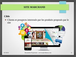 01/10/16 Documents Proprietaire : services@rokbarry.com 11
Cible
Clients et prospects interessés par les produits proposés par le
site
SITE MARCHANDSITE MARCHAND
 