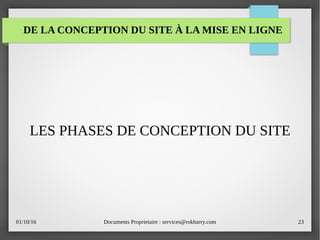 01/10/16 Documents Proprietaire : services@rokbarry.com 23
DE LA CONCEPTION DU SITE À LA MISE EN LIGNE
LES PHASES DE CONCEPTION DU SITE
 
