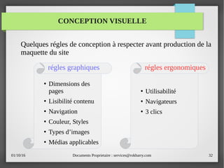 01/10/16 Documents Proprietaire : services@rokbarry.com 32
CONCEPTION VISUELLE
Quelques régles de conception à respecter avant production de la
maquette du site
●
Dimensions des
pages
●
Lisibilité contenu
●
Navigation
●
Couleur, Styles
●
Types d’images
●
Médias applicables
régles graphiques
●
Utilisabilité
●
Navigateurs
●
3 clics
régles ergonomiques
 