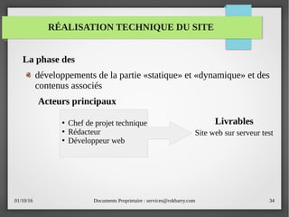01/10/16 Documents Proprietaire : services@rokbarry.com 34
RÉALISATION TECHNIQUE DU SITE
La phase des
développements de la partie «statique» et «dynamique» et des
contenus associés
Livrables●
Chef de projet technique
●
Rédacteur
●
Développeur web
Site web sur serveur test
Acteurs principaux
 