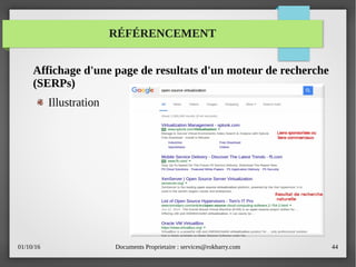 01/10/16 Documents Proprietaire : services@rokbarry.com 44
Affichage d'une page de resultats d'un moteur de recherche
(SERPs)
Illustration
RÉFÉRENCEMENT
 