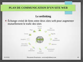01/10/16 Documents Proprietaire : services@rokbarry.com 49
Le netlinking
Échange croisé de liens entre deux sites web pour augmenter
mutuellement le trafic des sites
PLAN DE COMMUNICATION D’UN SITE WEB
 