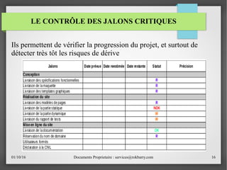 01/10/16 Documents Proprietaire : services@rokbarry.com 16
Ils permettent de vérifier la progression du projet, et surtout de
détecter très tôt les risques de dérive
LE CONTRÔLE DES JALONS CRITIQUES
 