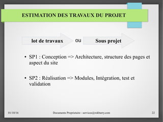 01/10/16 Documents Proprietaire : services@rokbarry.com 22
● SP1 : Conception => Architecture, structure des pages et
aspect du site
● SP2 : Réalisation => Modules, Intégration, test et
validation
ESTIMATION DES TRAVAUX DU PROJET
lot de travaux Sous projetou
 