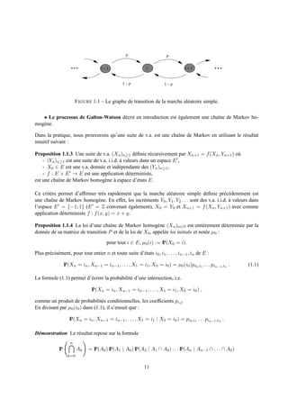 p                     p

                                      i−1                     i                    i+1


                                                 1−p                    1−p



                         F IGURE 1.1 – Le graphe de transition de la marche al´ atoire simple.
                                                                              e

   • Le processus de Galton-Watson d´ crit en introduction est egalement une chaˆne de Markov ho-
                                    e                          ´                ı
mog` ne.
   e

Dans la pratique, nous prouverons qu’une suite de v.a. est une chaˆne de Markov en utilisant le r´ sultat
                                                                  ı                              e
intuitif suivant :

Proposition 1.1.3 Une suite de v.a. (Xn )n≥1 d´ ﬁnie r´ cursivement par Xn+1 = f (Xn , Yn+1 ) o`
                                                   e      e                                    u
    - (Yn )n≥1 est une suite de v.a. i.i.d. a valeurs dans un espace E ′ ,
                                            `
    - X0 ∈ E est une v.a. donn´ e et ind´ pendante des (Yn )n≥1 ,
                                e           e
    - f :E×E    ′ → E est une application d´ terministe,
                                                e
est une chaˆne de Markov homog` ne a espace d’´ tats E.
            ı                      e `               e

Ce crit` re permet d’afﬁrmer tr` s rapidement que la marche al´ atoire simple d´ ﬁnie pr´ c´ demment est
       e                          e                             e                   e          e e
une chaˆne de Markov homog` ne. En effet, les incr´ ments Y0 , Y1 , Y2 . . . sont des v.a. i.i.d. a valeurs dans
        ı                       e                 e                                               `
l’espace E ′ = {−1; 1} (E ′ = Z convenait egalement), X0 = Y0 et Xn+1 = f (Xn , Yn+1 ) avec comme
                                              ´
application d´ terministe f : f (x, y) = x + y.
              e

Proposition 1.1.4 La loi d’une chaˆne de Markov homog` ne (Xn )n∈N est enti` rement d´ termin´ e par la
                                     ı                       e                        e         e e
donn´ e de sa matrice de transition P et de la loi de X0 , appel´ e loi initiale et not´ e µ0 :
    e                                                           e                      e

                                         pour tout i ∈ E, µ0 (i) := IP(X0 = i).

Plus pr´ cis´ ment, pour tout entier n et toute suite d’´ tats i0 , i1 , . . . , in−1 , in de E :
       e e                                              e

                  IP(Xn = in , Xn−1 = in−1 , . . . , X1 = i1 , X0 = i0 ) = µ0 (i0 )pi0 ,i1 . . . pin−1 ,in .   (1.1)

La formule (1.1) permet d’´ crire la probabilit´ d’une intersection, i.e.
                          e                    e

                                 IP(Xn = in , Xn−1 = in−1 , . . . , X1 = i1 , X0 = i0 ) ,

comme un produit de probabilit´ s conditionnelles, les coefﬁcients pi,j .
                                  e
En divisant par µ0 (i0 ) dans (1.1), il s’ensuit que :

                     IP(Xn = in , Xn−1 = in−1 , . . . , X1 = i1 | X0 = i0 ) = pi0 ,i1 . . . pin−1 ,in .

D´ monstration Le r´ sultat repose sur la formule
 e                 e
                     n
             IP           Ak   = IP(A0 ) IP(A1 | A0 ) IP(A2 | A1 ∩ A0 ) . . . IP(An | An−1 ∩ . . . ∩ A0 )
                    k=0

                                                             11
 