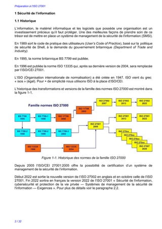Préparation à l’ISO 27001
2 / 32
1 Sécurité de l’information
1.1 Historique
L’information, le matériel informatique et les logiciels que possède une organisation est un
investissement précieux qu’il faut protéger. Une des meilleures façons de prendre soin de ce
trésor est de mettre en place un système de management de la sécurité de l'information (SMSI).
En 1989 sort le code de pratique des utilisateurs (User’s Code of Practice), basé sur la politique
de sécurité de Shell, à la demande du gouvernement britannique (Department of Trade and
Industry).
En 1995, la norme britannique BS 7799 est publiée.
En 1996 est publiée la norme ISO 13335 qui, après sa dernière version de 2004, sera remplacée
par l’ISO/CEI 27001.
L’ISO (Organisation internationale de normalisation) a été créée en 1947. ISO vient du grec
« isos » (égal). Pour + de simplicité nous utilisons ISO à la place d’ISO/CEI.
L’historique des transformations et versions de la famille des normes ISO 27000 est montré dans
la figure 1-1.
Figure 1-1. Historique des normes de la famille ISO 27000
Depuis 2005 l’ISO/CEI 27001:2005 offre la possibilité de certification d’un système de
management de la sécurité de l’information.
Début 2022 est sortie la nouvelle version de l’ISO 27002 en anglais et en octobre celle de l’ISO
27001. Fin 2022 sortira en français la version 2022 de l’ISO 27001 « Sécurité de l'information,
cybersécurité et protection de la vie privée — Systèmes de management de la sécurité de
l'information — Exigences ». Pour plus de détails voir le paragraphe 2.2.
 