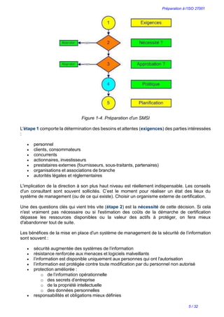 Préparation à l’ISO 27001
5 / 32
Figure 1-4. Préparation d'un SMSI
L'étape 1 comporte la détermination des besoins et attentes (exigences) des parties intéressées
:
 personnel
 clients, consommateurs
 concurrents
 actionnaires, investisseurs
 prestataires externes (fournisseurs, sous-traitants, partenaires)
 organisations et associations de branche
 autorités légales et réglementaires
L'implication de la direction à son plus haut niveau est réellement indispensable. Les conseils
d'un consultant sont souvent sollicités. C’est le moment pour réaliser un état des lieux du
système de management (ou de ce qui existe). Choisir un organisme externe de certification.
Une des questions clés qui vient très vite (étape 2) est la nécessité de cette décision. Si cela
n'est vraiment pas nécessaire ou si l'estimation des coûts de la démarche de certification
dépasse les ressources disponibles ou la valeur des actifs à protéger, on fera mieux
d'abandonner tout de suite.
Les bénéfices de la mise en place d'un système de management de la sécurité de l’information
sont souvent :
 sécurité augmentée des systèmes de l’information
 résistance renforcée aux menaces et logiciels malveillants
 l’information est disponible uniquement aux personnes qui ont l'autorisation
 l’information est protégée contre toute modification par du personnel non autorisé
 protection améliorée :
o de l’information opérationnelle
o des secrets d’entreprise
o de la propriété intellectuelle
o des données personnelles
 responsabilités et obligations mieux définies
 