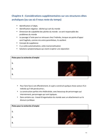  25	
  
Chapitre	
  4	
  :	
  Considérations	
  supplémentaires	
  sur	
  ces	
  structures	
  dites	
  
archaïques	
  (au	
  cas	
  où	
  il	
  nous	
  reste	
  du	
  temps)	
  
	
  
• Identification	
  à	
  l’objet,	
  	
  
• Identification	
  négative	
  :	
  déchet	
  qui	
  sort	
  du	
  monde	
  	
  
• Dimension	
  de	
  culpabilité	
  des	
  péchés	
  du	
  monde	
  :	
  se	
  sent	
  responsable	
  des	
  
problèmes	
  du	
  monde	
  
• Le	
  passage	
  à	
  l’acte	
  peut	
  se	
  retrouver	
  chez	
  l’individu,	
  lorsque	
  ses	
  points	
  d’appui	
  
sont	
  fragilisés,	
  comme	
  mis	
  entre	
  parenthèses,	
  ils	
  vacillent	
  
• Concept	
  de	
  suppléance	
  
• il	
  y	
  a	
  cette	
  automatisation,	
  cette	
  marionnettisation	
  
• Solutions	
  symptomatiques	
  qui	
  visent	
  à	
  opérer	
  une	
  séparation	
  
	
  
	
  
Pistes	
  pour	
  la	
  recherche	
  d’emploi	
  
	
  
1.	
  
	
  
2.	
  
	
  
3.	
  
	
  
	
  
	
  
• Pour	
  faire	
  face	
  à	
  cet	
  effondrement,	
  le	
  sujet	
  a	
  construit	
  quelque	
  chose	
  autour	
  d’un	
  
individu	
  qu’il	
  dit	
  persécutrice	
  ;	
  	
  
• La	
  construction	
  parfois	
  très	
  théâtralisée,	
  avec	
  beaucoup	
  de	
  personnages	
  qui	
  
interviennent,	
  personnages	
  qui	
  sont	
  typiques.	
  	
  
• Dans	
  certains	
  cas	
  :	
  travail	
  d’organisation	
  du	
  monde	
  avec	
  un	
  attachement	
  sur	
  le	
  
discours	
  juridique.	
  	
  
	
  
Pistes	
  pour	
  la	
  recherche	
  d’emploi	
  
	
  
1.	
  
	
  
2.	
  
	
  
3.	
  
	
  
 