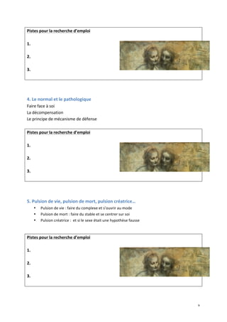   3	
  
Pistes	
  pour	
  la	
  recherche	
  d’emploi	
  
	
  
1.	
  
	
  
2.	
  
	
  
3.	
  
	
  
	
  
	
  
4.	
  Le	
  normal	
  et	
  le	
  pathologique	
  
Faire	
  face	
  à	
  soi	
  
La	
  décompensation	
  
Le	
  principe	
  de	
  mécanisme	
  de	
  défense	
  
	
  
Pistes	
  pour	
  la	
  recherche	
  d’emploi	
  
	
  
1.	
  
	
  
2.	
  
	
  
3.	
  
	
  
	
  
	
  
5.	
  Pulsion	
  de	
  vie,	
  pulsion	
  de	
  mort,	
  pulsion	
  créatrice…	
  
• Pulsion	
  de	
  vie	
  :	
  faire	
  du	
  complexe	
  et	
  s’ouvrir	
  au	
  mode	
  
• Pulsion	
  de	
  mort	
  :	
  faire	
  du	
  stable	
  et	
  se	
  centrer	
  sur	
  soi	
  
• Pulsion	
  créatrice	
  :	
  	
  et	
  si	
  le	
  sexe	
  était	
  une	
  hypothèse	
  fausse	
  
	
  
Pistes	
  pour	
  la	
  recherche	
  d’emploi	
  
	
  
1.	
  
	
  
2.	
  
	
  
3.	
  
	
  
	
  
 