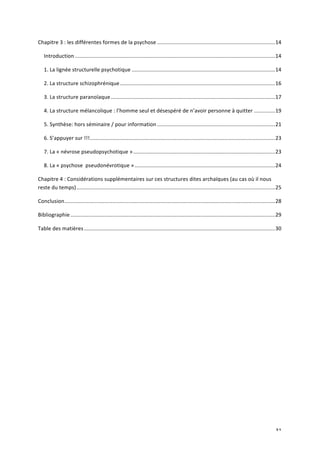   31	
  
Chapitre	
  3	
  :	
  les	
  différentes	
  formes	
  de	
  la	
  psychose	
  ...............................................................................	
  14	
  
Introduction	
  ......................................................................................................................................	
  14	
  
1.	
  La	
  lignée	
  structurelle	
  psychotique	
  ................................................................................................	
  14	
  
2.	
  La	
  structure	
  schizophrénique	
  ........................................................................................................	
  16	
  
3.	
  La	
  structure	
  paranoïaque	
  ..............................................................................................................	
  17	
  
4.	
  La	
  structure	
  mélancolique	
  :	
  l’homme	
  seul	
  et	
  désespéré	
  de	
  n’avoir	
  personne	
  à	
  quitter	
  ..............	
  19	
  
5.	
  Synthèse:	
  hors	
  séminaire	
  /	
  pour	
  information	
  ...............................................................................	
  21	
  
6.	
  S’appuyer	
  sur	
  !!!	
  ............................................................................................................................	
  23	
  
7.	
  La	
  «	
  névrose	
  pseudopsychotique	
  »	
  ...............................................................................................	
  23	
  
8.	
  La	
  «	
  psychose	
  	
  pseudonévrotique	
  »	
  ..............................................................................................	
  24	
  
Chapitre	
  4	
  :	
  Considérations	
  supplémentaires	
  sur	
  ces	
  structures	
  dites	
  archaïques	
  (au	
  cas	
  où	
  il	
  nous	
  
reste	
  du	
  temps)	
  .....................................................................................................................................	
  25	
  
Conclusion	
  .............................................................................................................................................	
  28	
  
Bibliographie	
  .........................................................................................................................................	
  29	
  
Table	
  des	
  matières	
  ................................................................................................................................	
  30	
  
	
  
 