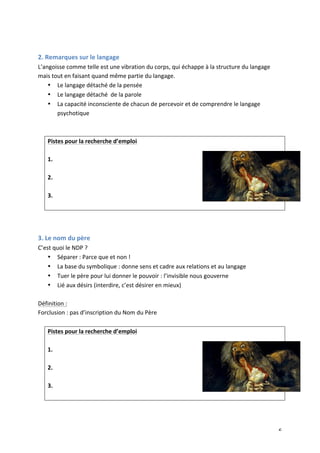   6	
  
	
  
2.	
  Remarques	
  sur	
  le	
  langage	
  	
  
L’angoisse	
  comme	
  telle	
  est	
  une	
  vibration	
  du	
  corps,	
  qui	
  échappe	
  à	
  la	
  structure	
  du	
  langage	
  
mais	
  tout	
  en	
  faisant	
  quand	
  même	
  partie	
  du	
  langage.	
  	
  
• Le	
  langage	
  détaché	
  de	
  la	
  pensée	
  
• Le	
  langage	
  détaché	
  	
  de	
  la	
  parole	
  
• La	
  capacité	
  inconsciente	
  de	
  chacun	
  de	
  percevoir	
  et	
  de	
  comprendre	
  le	
  langage	
  
psychotique	
  
	
  
	
  
Pistes	
  pour	
  la	
  recherche	
  d’emploi	
  
	
  
1.	
  
	
  
2.	
  
	
  
3.	
  
	
  
	
  
	
  
3.	
  Le	
  nom	
  du	
  père	
  
C’est	
  quoi	
  le	
  NDP	
  ?	
  
• Séparer	
  :	
  Parce	
  que	
  et	
  non	
  !	
  
• La	
  base	
  du	
  symbolique	
  :	
  donne	
  sens	
  et	
  cadre	
  aux	
  relations	
  et	
  au	
  langage	
  
• Tuer	
  le	
  père	
  pour	
  lui	
  donner	
  le	
  pouvoir	
  :	
  l’invisible	
  nous	
  gouverne	
  	
  
• Lié	
  aux	
  désirs	
  (interdire,	
  c’est	
  désirer	
  en	
  mieux)	
  
	
  
Définition	
  :	
  
Forclusion	
  :	
  pas	
  d’inscription	
  du	
  Nom	
  du	
  Père	
  
	
  
Pistes	
  pour	
  la	
  recherche	
  d’emploi	
  
	
  
1.	
  
	
  
2.	
  
	
  
3.	
  
	
  
	
  
 