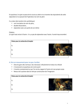   7	
  
	
  
	
  
En	
  psychose,	
  le	
  sujet	
  se	
  passe	
  de	
  la	
  course	
  au	
  désir	
  et	
  va	
  inventer	
  des	
  équivalents	
  de	
  cette	
  
séparation	
  en	
  se	
  passant	
  de	
  l’opérateur	
  du	
  nom	
  du	
  père	
  
	
  
Il	
  y	
  a	
  donc	
  (de	
  manière	
  très	
  synthétique)	
  
• non	
  inscription	
  du	
  nom	
  du	
  père,	
  
• double	
  dissociation,	
  	
  
• séparation	
  avec	
  une	
  partie	
  de	
  soi-­‐même	
  	
  
	
  
Citation	
  :	
  
Le	
  sujet	
  reste	
  inclut	
  à	
  l’autre	
  :	
  il	
  n	
  y	
  a	
  pas	
  de	
  séparation	
  avec	
  l’autre.	
  Il	
  serait	
  trop	
  encombré.	
  
	
  
	
  
Pistes	
  pour	
  la	
  recherche	
  d’emploi	
  
	
  
1.	
  
	
  
2.	
  
	
  
3.	
  
	
  
	
  
4.	
  Etre	
  en	
  mouvement	
  pour	
  ne	
  pas	
  s’arrêter	
  
• Chez	
  les	
  gens	
  dits	
  normaux	
  	
  (les	
  névroses):	
  refoulement	
  et	
  retour	
  du	
  refoulé	
  
• L’inconscient	
  en	
  psychose	
  est	
  à	
  ciel	
  ouvert	
  
• il	
  montre	
  constamment	
  ce	
  qui	
  l’en	
  est	
  du	
  rapport	
  à	
  l’autre	
  et	
  à	
  son	
  propre	
  corps	
  
• Retour	
  de	
  la	
  pulsion	
  dans	
  le	
  réel	
  par	
  construction	
  de	
  l’imaginaire 	
  
	
  
Pistes	
  pour	
  la	
  recherche	
  d’emploi	
  
	
  
1.	
  
	
  
2.	
  
	
  
3.	
  
	
  
	
  
	
  
 
