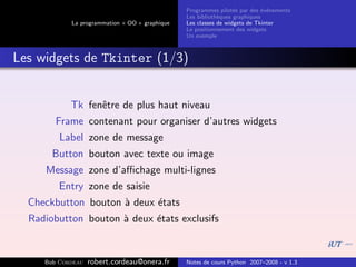 Programmes pilot´s par des ´v´nements
                                                                  e         e e
                                                Les biblioth`ques graphiques
                                                            e
            La programmation « OO » graphique   Les classes de widgets de Tkinter
                                                Le positionnement des widgets
                                                Un exemple



Les widgets de Tkinter (1/3)


            Tk fenˆtre de plus haut niveau
                  e
        Frame contenant pour organiser d’autres widgets
         Label zone de message
       Button bouton avec texte ou image
     Message zone d’aﬃchage multi-lignes
         Entry zone de saisie
  Checkbutton bouton ` deux ´tats
                     a      e
  Radiobutton bouton ` deux ´tats exclusifs
                     a      e


     Bob Cordeau   robert.cordeau@onera.fr      Notes de cours Python 2007–2008 - v 1.3
 