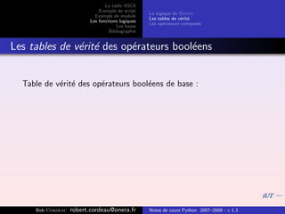 La table ASCII
                              Exemple de script
                                                   La logique de Boole
                            Exemple de module
                                                   Les tables de v´rit´
                                                                  e e
                          Les fonctions logiques
                                                   Les op´rateurs compos´s
                                                          e             e
                                      Les bases
                                   Bibliographie


Les tables de v´rit´ des op´rateurs bool´ens
               e e         e            e


  Table de v´rit´ des op´rateurs bool´ens de base :
            e e         e            e




     Bob Cordeau   robert.cordeau@onera.fr         Notes de cours Python 2007–2008 - v 1.3
 