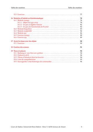 Table des matières Table des matières
15.3 Exercices . . . . . . . . . . . . . . . . . . . . . . . . . . . . . . . . . . . . . . . . . . 77
16 Modules d’intérêt en bioinformatique 78
16.1 Module numpy . . . . . . . . . . . . . . . . . . . . . . . . . . . . . . . . . . . . . . 78
16.1.1 Objets de type array . . . . . . . . . . . . . . . . . . . . . . . . . . . . . . . 78
16.1.2 Un peu d’algèbre linéaire . . . . . . . . . . . . . . . . . . . . . . . . . . . . 82
16.1.3 Un peu de transformée de Fourier . . . . . . . . . . . . . . . . . . . . . . . 82
16.2 Module biopython . . . . . . . . . . . . . . . . . . . . . . . . . . . . . . . . . . . . 83
16.3 Module matplotlib . . . . . . . . . . . . . . . . . . . . . . . . . . . . . . . . . . . . 84
16.4 Module rpy . . . . . . . . . . . . . . . . . . . . . . . . . . . . . . . . . . . . . . . . 86
16.5 Exercice numpy . . . . . . . . . . . . . . . . . . . . . . . . . . . . . . . . . . . . . . 88
16.6 Exercice rpy . . . . . . . . . . . . . . . . . . . . . . . . . . . . . . . . . . . . . . . . 89
17 Avoir la classe avec les objets 90
17.1 Exercices . . . . . . . . . . . . . . . . . . . . . . . . . . . . . . . . . . . . . . . . . . 90
18 Gestion des erreurs 91
19 Trucs et astuces 94
19.1 Shebang et /usr/bin/env python . . . . . . . . . . . . . . . . . . . . . . . . . . . . 94
19.2 Python et utf-8 . . . . . . . . . . . . . . . . . . . . . . . . . . . . . . . . . . . . . . . 94
19.3 Vitesse d’itération dans les boucles . . . . . . . . . . . . . . . . . . . . . . . . . . . 94
19.4 Liste de compréhension . . . . . . . . . . . . . . . . . . . . . . . . . . . . . . . . . 95
19.5 Sauvegardez votre historique de commandes . . . . . . . . . . . . . . . . . . . . . 96
Cours de Python / Université Paris Diderot - Paris 7 / UFR Sciences du Vivant 5
 