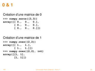 01

Création d’une matrice de 0
 numpy.zeros((3,3))
array([[ 0., 0., 0.],
       [ 0., 0., 0.],
       [ 0., 0., 0.]])


Création d’une matrice de 1
 numpy.ones((2,2))
array([[ 1., 1.],
       [ 1., 1.]])
 numpy.ones((2,2), int)
array([[1, 1],
       [1, 1]])



PP                    Université Paris Diderot - Paris 7   22
 