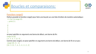 24
Boucles et comparaisons:
Fonction range()
Python possède la fonction range() pour faire une boucle sur une liste d’entiers de manière automatique :
>>> for i in range (4):
... print ( i )
...
0
1
2
3
on peut spécifier en argument une borne de début, une borne de fin:
range (4,10)
[ 4 , 5 , 6 , 7 , 8 , 9]
Comme avec range(), on peut spécifier en argument une borne de début, une borne de fin et un pas :
range (10 , 0 , -1)
[10 , 9 , 8 , 7 , 6 , 5 , 4 , 3 , 2 , 1]
 