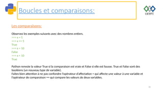 26
Boucles et comparaisons:
Les comparaisons:
Observez les exemples suivants avec des nombres entiers.
>>> x = 5
>>> x == 5
True
>>> x > 10
False
>>> x < 10
True
Python renvoie la valeur True si la comparaison est vraie et False si elle est fausse. True et False sont des
booléens (un nouveau type de variable).
Faites bien attention à ne pas confondre l’opérateur d’affectation = qui affecte une valeur à une variable et
l’opérateur de comparaison == qui compare les valeurs de deux variables.
 