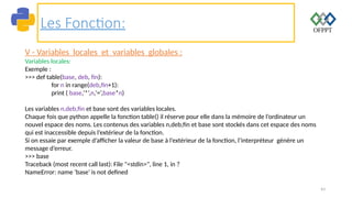 43
Les Fonction:
V - Variables locales et variables globales :
Variables locales:
Exemple :
>>> def table(base, deb, fin):
for n in range(deb,fin+1):
print ( base,’*’,n,’=’,base*n)
Les variables n,deb,fin et base sont des variables locales.
Chaque fois que python appelle la fonction table() il réserve pour elle dans la mémoire de l’ordinateur un
nouvel espace des noms. Les contenus des variables n,deb,fin et base sont stockés dans cet espace des noms
qui est inaccessible depuis l’extérieur de la fonction.
Si on essaie par exemple d’afficher la valeur de base à l’extérieur de la fonction, l’interpréteur génère un
message d’erreur.
>>> base
Traceback (most recent call last): File "<stdin>", line 1, in ?
NameError: name 'base' is not defined
 