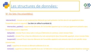 80
Les structures de données:
VI –les Sets ( les ensembles):
intersection() : renvoie un set contenant les éléments qui sont présents à la fois dans le set appelant et dans
l'ensemble passé en argument (ou bien on utilise le symbole &).
intersection_update() : supprime les éléments de l'ensemble appelant qui ne sont pas également présents dans
l'ensemble passé en argument.
isdisjoint() : renvoie True si deux sets n'ont pas d'éléments en commun, sinon renvoie False.
issubset() : renvoie True si tous les éléments d'un set sont présents dans l'ensemble appelant, sinon renvoie False.
issuperset() : renvoie True si tous les éléments de l'ensemble appelant sont présents dans le set spécifié, sinon
renvoie False.
pop() : supprime et renvoie un élément arbitraire d'un set.
remove() : supprime un élément spécifié d'un set. Si l'élément n'est pas présent, une exception KeyError est levée.
 