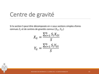 Centre de gravité
Si la section S peut être décomposée en n sous sections simples d’aires
connues 𝑆𝑖 et de centres de gravités connus 𝑋𝐺𝑖, 𝑌𝐺𝑖
𝑋𝐺 =
σ𝑖=1
𝑛
𝑆𝑖𝑋𝐺𝑖
𝑆
𝑌𝐺 =
σ𝑖=1
𝑛
𝑆𝑖𝑌𝐺𝑖
𝑆
RÉSISTANCE DES MATÉRIAUX 1 / L2 GÉNIE CIVIL - N. DJAFOUR BENKELFAT 67
 