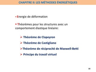  Energie de déformation
 Théorèmes pour les structures avec un
comportement élastique linéaire:
 Théorème de Clapeyron
 Théorème de Castigliano
Théorème de réciprocité de Maxwell-Betti
 Principe du travail virtuel
10
CHAPITRE II: LES MÉTHODES ÉNERGÉTIQUES
 
