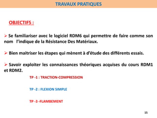  Se familiariser avec le logiciel RDM6 qui permettre de faire comme son
nom l’indique de la Résistance Des Matériaux.
 Bien maitriser les étapes qui mènent à d’étude des différents essais.
 Savoir exploiter les connaissances théoriques acquises du cours RDM1
et RDM2.
TP -1 : TRACTION-COMPRESSION
TP -2 : FLEXION SIMPLE
TP -3 -FLAMBEMENT
15
TRAVAUX PRATIQUES
OBJECTIFS :
 