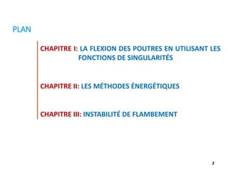 CHAPITRE I: LA FLEXION DES POUTRES EN UTILISANT LES
FONCTIONS DE SINGULARITÉS
CHAPITRE II: LES MÉTHODES ÉNERGÉTIQUES
CHAPITRE III: INSTABILITÉ DE FLAMBEMENT
PLAN
2
 