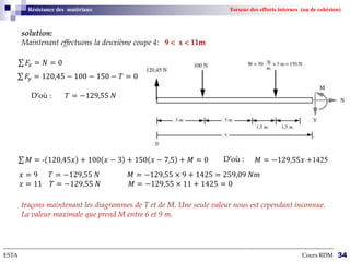 --------------------------------------------------------------------------------------------------------------------------------------------------------------------------
ESTA Cours RDM 34
Résistance des matériaux Torseur des efforts internes (ou de cohésion)
solution:
Maintenant effectuons la deuxième coupe 4: 9  x  11m
𝑀 = - 120,45𝑥 + 100 𝑥 − 3 + 150 𝑥 − 7,5 + 𝑀 = 0 D’où : 𝑀 = −129,55𝑥 +1425
𝐹𝑦 = 120,45 − 100 − 150 − 𝑇 = 0
𝐹𝑥 = 𝑁 = 0
D’où : 𝑇 = −129,55 𝑁
𝑥 = 9 𝑇 = −129,55 𝑁 𝑀 = −129,55 × 9 + 1425 = 259,09 𝑁𝑚
𝑥 = 11 𝑇 = −129,55 𝑁 𝑀 = −129,55 × 11 + 1425 = 0
traçons maintenant les diagrammes de T et de M. Une seule valeur nous est cependant inconnue.
La valeur maximale que prend M entre 6 et 9 m.
 