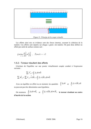 Figure 9 : Principe de la coupe virtuelle
Les efforts ainsi mis en évidence sont des forces internes, assurant la cohésion de la
matière. Ces efforts sont répartis sur chaque « grain » de matière. On peut donc définir un
effort par unité de surface comme suit :
pi=lim
 0
 f
S
=
∂ f
∂ S
, Pi= n  t
1.5.2 - Torseur résultant des efforts
L'écriture de l'équilibre sur une poutre virtuellement coupée conduit à l'expression
suivante :
∑ Fext∫
S
pi dS=0
∑ M ext∑ 
Fext∧ GM F∫
S
pi∧ GM i dS=0
Avec un équilibre en effort ou en moment, les quantités ∫
S
pi dS et ∫
S
pi∧ GMi dS
ne peuvent pas être déterminées sans hypothèse.
On nommera ∫
S
pi dS= RG et ∫
S
pi∧ GM i dS= M G le torseur résultant au centre
d'inertie de la section.
J.Molimard, EMSE 2006 Page 16
 