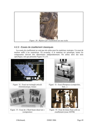 Figure 30 : Rupture par cisaillement sur une roche
4.2.2 - Essais de cisaillement classiques
Les essais de cisaillement ne sont pas très utiles pour les matériaux isotropes. Un essai de
traction suffit à les caractériser. En revanche, si le matériau est anisotrope, toutes les
composantes doivent être déterminées indépendamment. On utilise alors des tests
spécifiques, tels que présentés Figure 31 à 33.
Figure 31 : Essai sur rectangle articulé
(Géomécanique, tissus)
Figure 32 : Essai d'Iosipescu (composites,
bois...)
Figure 33 : Essai de « Short beam shear test »
(composites)
Figure 34 : Essai de tenue d'une colle au
cisaillement (essai ASTM)
J.Molimard, EMSE 2006 Page 49
 