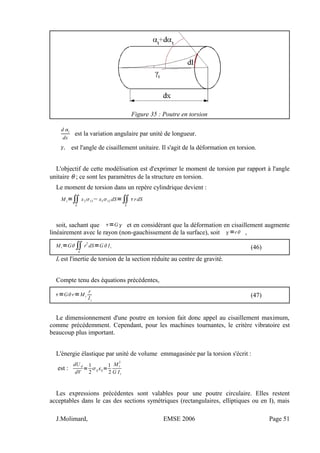 Figure 35 : Poutre en torsion
d t
dx
est la variation angulaire par unité de longueur.
t est l'angle de cisaillement unitaire. Il s'agit de la déformation en torsion.
L'objectif de cette modélisation est d'exprimer le moment de torsion par rapport à l'angle
unitaire θ ; ce sont les paramètres de la structure en torsion.
Le moment de torsion dans un repère cylindrique devient :
M t=∬S
x213−x312 dS=∬S
rdS
soit, sachant que =G  et en considérant que la déformation en cisaillement augmente
linéairement avec le rayon (non-gauchissement de la surface), soit =r ,
Mt=G∬S
r
2
dS=G It (46)
It est l'inertie de torsion de la section réduite au centre de gravité.
Compte tenu des équations précédentes,
=Gr=Mt
r
It
(47)
Le dimensionnement d'une poutre en torsion fait donc appel au cisaillement maximum,
comme précédemment. Cependant, pour les machines tournantes, le critère vibratoire est
beaucoup plus important.
L'énergie élastique par unité de volume emmagasinée par la torsion s'écrit :
est :
dU d
dV
=
1
2
ij ij=
1
2
Mt
2
G It
Les expressions précédentes sont valables pour une poutre circulaire. Elles restent
acceptables dans le cas des sections symétriques (rectangulaires, elliptiques ou en I), mais
J.Molimard, EMSE 2006 Page 51
 