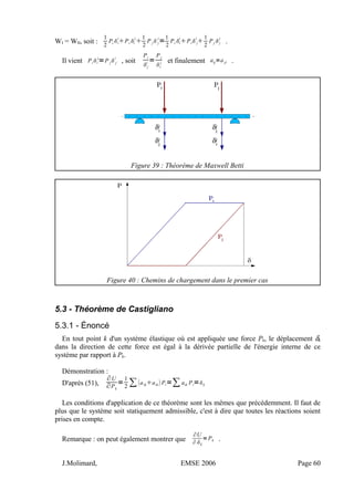 WI = WII, soit :
1
2
Pi i
i
Pi i
j

1
2
P j j
j
=
1
2
Pi i
i
Pi j
i

1
2
Pj j
j
.
Il vient Pii
j
=P j j
i
, soit
Pi
j
i
=
P j
i
j et finalement aij=a ji .
Figure 39 : Théorème de Maxwell Betti
Figure 40 : Chemins de chargement dans le premier cas
5.3 - Théorème de Castigliano
5.3.1 - Énoncé
En tout point k d'un système élastique où est appliquée une force Pk, le déplacement δk
dans la direction de cette force est égal à la dérivée partielle de l'énergie interne de ce
système par rapport à Pk.
Démonstration :
D'après (51),
∂U
∂Pk
=
1
2 ∑aikaki  Pi=∑aik Pi=k
Les conditions d'application de ce théorème sont les mêmes que précédemment. Il faut de
plus que le système soit statiquement admissible, c'est à dire que toutes les réactions soient
prises en compte.
Remarque : on peut également montrer que
∂U
∂k
=Pk .
J.Molimard, EMSE 2006 Page 60
 