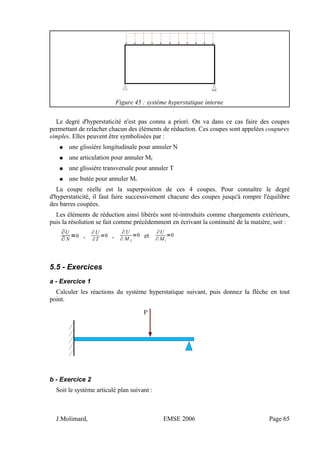 Figure 45 : système hyperstatique interne
Le degré d'hyperstaticité n'est pas connu a priori. On va dans ce cas faire des coupes
permettant de relacher chacun des éléments de réduction. Ces coupes sont appelées coupures
simples. Elles peuvent être symbolisées par :
● une glissière longitudinale pour annuler N
● une articulation pour annuler Mf
● une glissière transversale pour annuler T
● une butée pour annuler Mt
La coupe réelle est la superposition de ces 4 coupes. Pour connaître le degré
d'hyperstaticité, il faut faire successivement chacune des coupes jusqu'à rompre l'équilibre
des barres coupées.
Les éléments de réduction ainsi libérés sont ré-introduits comme chargements extérieurs,
puis la résolution se fait comme précédemment en écrivant la continuité de la matière, soit :
∂U
∂ N
=0 ,
∂U
∂T
=0 ,
∂U
∂ M f
=0 et
∂U
∂ Mt
=0
5.5 - Exercices
a - Exercice 1
Calculer les réactions du système hyperstatique suivant, puis donnez la flèche en tout
point.
b - Exercice 2
Soit le système articulé plan suivant :
J.Molimard, EMSE 2006 Page 65
 