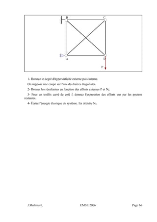 1- Donnez le degré d'hyperstaticité externe puis interne.
On suppose une coupe sur l'une des barres diagonales.
2- Donner les résultantes en fonction des efforts externes P et N0.
3- Pour un treillis carré de coté l, donnez l'expression des efforts vus par les poutres
restantes.
4- Écrire l'énergie élastique du système. En déduire N0.
J.Molimard, EMSE 2006 Page 66
 
