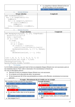 10
 Le cinquième et dernier élément la liste est
de fait à sa place, le tri est terminé :
1. Version itérative
Tri par sélection Complexité
def triSelection(l):
for i in range(len(l)-1):
indMini=i
for j in range(i+1,len(l)):
if l[j]<l[indMini]:
indMini=j
l[i], l[indMini]= l[indMini],
l[i]
2. Version récursive
Tri par sélection Complexité
def RecSelection(list, i, j=1, flag=True):
print("i=",i,"j=",j)
size = len(list)
if (i < size - 1):
if flag:
j = i + 1;
if (j < size):
if (list[i] > list[j]):
list[i],list[j]=list[j],list[i]
RecSelection(list, i, j + 1, False);
else:
RecSelection(list, i + 1, i+2);
list = [6, 2, 3, 7, 1, 6, 2, 3, 7, 1]
print("Liste non triée : ",list)
RecSelection(list, 0)
print("Liste triée: ",list)
B. Tri à bulles
Le tri à bulles consiste à parcourir toute la liste en comparant chaque élément avec son successeur, puis en
les remettants dans le "bon" ordre si nécessaire. Et à recommencer si besoin est.
En voici sa description précise :
 Parcourir la liste en comparant chaque élément avec son successeur.
 Si ce dernier est le plus petit des deux, les permuter.
 Si lors du parcours de la liste une permutation au moins a été effectuée, recommencer un nouveau
parcours.
Exemple : Déroulement du tri à bulles sur un exemple
On considère la liste suivante de cinq entiers :
Première itération :
 On compare 5 et 8 :
 Ils sont dans l'ordre, donc on ne les permute
pas :
 On compare 8 et 2 :
Seconde itération :
 On compare 5 et 2 :
 On les permute pour les mettre dans l'ordre :
 On compare 5 et 8 :
 Ils sont dans l'ordre, donc on ne les permute
pas :
 