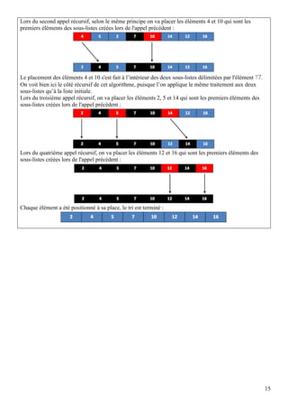15
Lors du second appel récursif, selon le même principe on va placer les éléments 4 et 10 qui sont les
premiers éléments des sous-listes créées lors de l'appel précédent :
Le placement des éléments 4 et 10 s'est fait à l’intérieur des deux sous-listes délimitées par l'élément 77.
On voit bien ici le côté récursif de cet algorithme, puisque l’on applique le même traitement aux deux
sous-listes qu’à la liste initiale.
Lors du troisième appel récursif, on va placer les éléments 2, 5 et 14 qui sont les premiers éléments des
sous-listes créées lors de l'appel précédent :
Lors du quatrième appel récursif, on va placer les éléments 12 et 16 qui sont les premiers éléments des
sous-listes créées lors de l'appel précédent :
Chaque élément a été positionné à sa place, le tri est terminé :
 