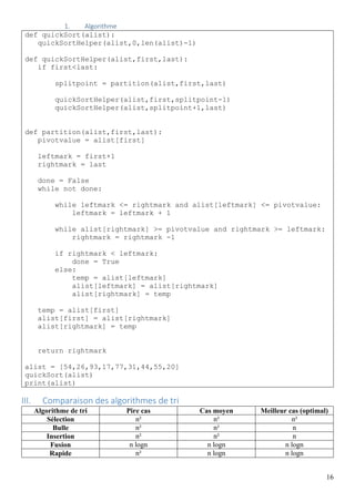 16
1. Algorithme
def quickSort(alist):
quickSortHelper(alist,0,len(alist)-1)
def quickSortHelper(alist,first,last):
if first<last:
splitpoint = partition(alist,first,last)
quickSortHelper(alist,first,splitpoint-1)
quickSortHelper(alist,splitpoint+1,last)
def partition(alist,first,last):
pivotvalue = alist[first]
leftmark = first+1
rightmark = last
done = False
while not done:
while leftmark <= rightmark and alist[leftmark] <= pivotvalue:
leftmark = leftmark + 1
while alist[rightmark] >= pivotvalue and rightmark >= leftmark:
rightmark = rightmark -1
if rightmark < leftmark:
done = True
else:
temp = alist[leftmark]
alist[leftmark] = alist[rightmark]
alist[rightmark] = temp
temp = alist[first]
alist[first] = alist[rightmark]
alist[rightmark] = temp
return rightmark
alist = [54,26,93,17,77,31,44,55,20]
quickSort(alist)
print(alist)
III. Comparaison des algorithmes de tri
Algorithme de tri Pire cas Cas moyen Meilleur cas (optimal)
Sélection n² n² n²
Bulle n² n² n
Insertion n² n² n
Fusion n logn n logn n logn
Rapide n² n logn n logn
 