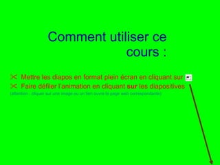 Comment utiliser ce cours : Mettre les diapos en format plein écran en cliquant sur Faire défiler l’animation en cliquant  sur  les diapositives (attention : cliquer sur une image ou un lien ouvre la page web correspondante) 
