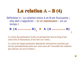 La relation A – B (4)
Définition 4 : La relation entre A et B est fluctuante ;
  elle doit s’apprécier « ici et maintenant » en un
  temps t
  B (A                     B)       # A (A                       B)
                                t
                                                                       t

 La vision des partenaires évolue en permanence tout au long d’une
 seule série d’interactions, d’une fois sur l’autre…
 La vision de chaque partenaire dépend des interactions concrètes qui
 ont lieu précédemment entre eux, mais aussi de l’ensemble des relations
 que chacun a eu avec d’autres…
 