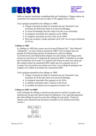 Réseau EISTI 13 26/01/01
câble en signaux numérique compréhensible par l'ordinateur. Chaque station est
connectée à son transceiver par un câble 15 fils (appelé Drop Câble).
Voici quelques propriétés d'un câblage en 10B5:
• Chaque extrémité du câble est terminée par (un "bouchon") une
résistance de 50 Ω entre l'âme et la tresse de blindage.
• La tresse de blindage doit être reliée à la terre à ces extrémités.
• La longueur maximale d'un segment est de 1500m.
• La longueur maximale du drop câble est de 100m
• Pour une courbure, l'angle maximal est de 120° sur un rayon minimum
de 20 cm.
Câblage en 10B2
Le câblage en 10B2 plus connu sous les noms d'Ethernet fin", "thin Ethernet",
"cheapernet " est une évolution récente du 10B5. Cette évolution due aux
progrès de l'électronique permet de diminuer les coûts de câblage.
Les transceivers sont directement intégrés à la carte réseau. Sur chaque carte
réseau on vient fixer un T disposant de connecteur BNC (2 femelles et un mâle
que l'on branche sur la carte). Les stations sont reliées les unes aux autres par
des cordons munis de connecteur BNC mâles que l'on connecte sur les T.
Lorsque l'on veut insérer une station sur le bus, on est obligé de pratiquer une
coupure sur le câble et de mettre des connecteurs BNC.
Voici quelques propriétés d'un câblage en 10B2:
• Chaque extrémité du câble est terminée par (un "bouchon") une
résistance de 50 Ω entre l'âme et la tresse de blindage.
• La longueur maximale d'un segment est de 185m.
• La distance minimale entre 2 stations et de 50 cm.
• Le nombre de stations sur un segment est limité à 30
Câblage en 10BT ou 100BT
Cette technique de câblage a été prévue pour pouvoir utiliser les paires non
utilisées par les gens des télécom dans les bâtiments. Il ne s'agit physiquement
plus d'un câblage de type bus mais d'un câblage de type étoile. Toutes les
stations sont connectées par des paires torsadées sur un élément actif (hub,
switch,.)
Sation Sation
Sation Sation
Appareil
 