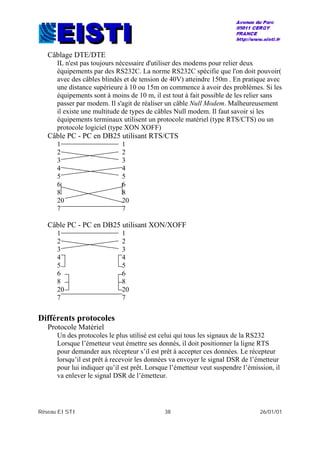 Réseau EISTI 38 26/01/01
Câblage DTE/DTE
IL n'est pas toujours nécessaire d'utiliser des modems pour relier deux
équipements par des RS232C. La norme RS232C spécifie que l'on doit pouvoir(
avec des câbles blindés et de tension de 40V) atteindre 150m . En pratique avec
une distance supérieure à 10 ou 15m on commence à avoir des problèmes. Si les
équipements sont à moins de 10 m, il est tout à fait possible de les relier sans
passer par modem. Il s'agit de réaliser un câble Null Modem. Malheureusement
il existe une multitude de types de câbles Null modem. Il faut savoir si les
équipements terminaux utilisent un protocole matériel (type RTS/CTS) ou un
protocole logiciel (type XON XOFF)
Câble PC - PC en DB25 utilisant RTS/CTS
1 1
2 2
3 3
4 4
5 5
6 6
8 8
20 20
7 7
Câble PC - PC en DB25 utilisant XON/XOFF
1 1
2 2
3 3
4 4
5 5
6 6
8 8
20 20
7 7
Différents protocoles
Protocole Matériel
Un des protocoles le plus utilisé est celui qui tous les signaux de la RS232
Lorsque l’émetteur veut émettre ses donnés, il doit positionner la ligne RTS
pour demander aux récepteur s’il est prêt à accepter ces données. Le récepteur
lorsqu’il est prêt à recevoir les données va envoyer le signal DSR de l’émetteur
pour lui indiquer qu’il est prêt. Lorsque l’émetteur veut suspendre l’émission, il
va enlever le signal DSR de l’émetteur.
 