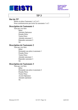 Réseaux EISTI EISTI Page :52 26/01/01
TP 3
But du TP
Mettre en place l'automate 1 et 2 et 3
Nous commencerons par écrire les automates 1 et 3
Description de l'automate 1
Tant que vrai faire
début
Attendre Opérateur
Prendre Pièce
Traiter Pièce
Attendre automate 2
Répondre automate 2
fin
Description de l'automate 2
Tant que vrai faire
début
Demander une pièce à automate 1
Prendre Pièce
Traiter Pièce
Attendre automate 3
Répondre automate 3
fin
Description de l'automate 3
Tant que vrai faire
début
Demander une pièce à automate 2
Prendre Pièce
Traiter Pièce
Avertir Opérateur
Attendre opérateur
fin
 
