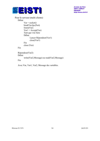 Réseau EISTI 54 26/01/01
Pour le serveur (multi clients)
Début
Var = socket()
bind(Var,Ips,Port)
listen(Var)
Var1 = Accept(Var)
Tant que vrai faire
Début
Lancer Répondeur(Var1)
close(Var1)
Fin
close (Var)
Fin
Répondeur(Var2)
Début
write(Var2,Message) ou read(Var2,Message)
Fin
Avec Var, Var1, Var2, Message des variables.
 