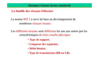 Quelques réseaux locaux standards
La famille des réseaux Ethernet
La norme 802.3 a servi de base au développement de
nombreux réseaux locaux.
Les différents réseaux sont différents les uns aux autres par les
caractéristiques de leurs couche physique:caractéristiques de leurs couche physique:
• Type de support,
• Longueur des segments,
• Débit binaire,
• Type de transmission (BB ou LB).
 